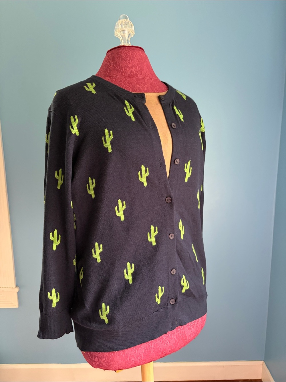 Navy sweater with green cacti